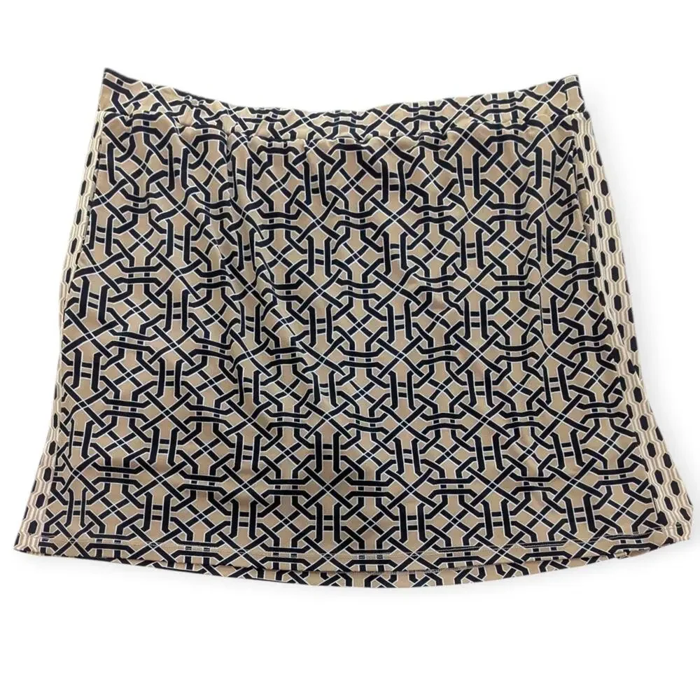 Susan Graver Liquid Knit Skort Sz Large Shorts under Skirt Beige Black Print - Picture 1 of 4